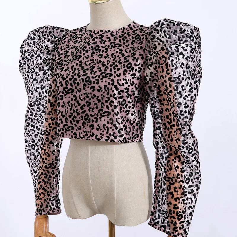 

2020 round neck puff sleeves leopard printed pullover spring and summer zippers shirt organza female top U425