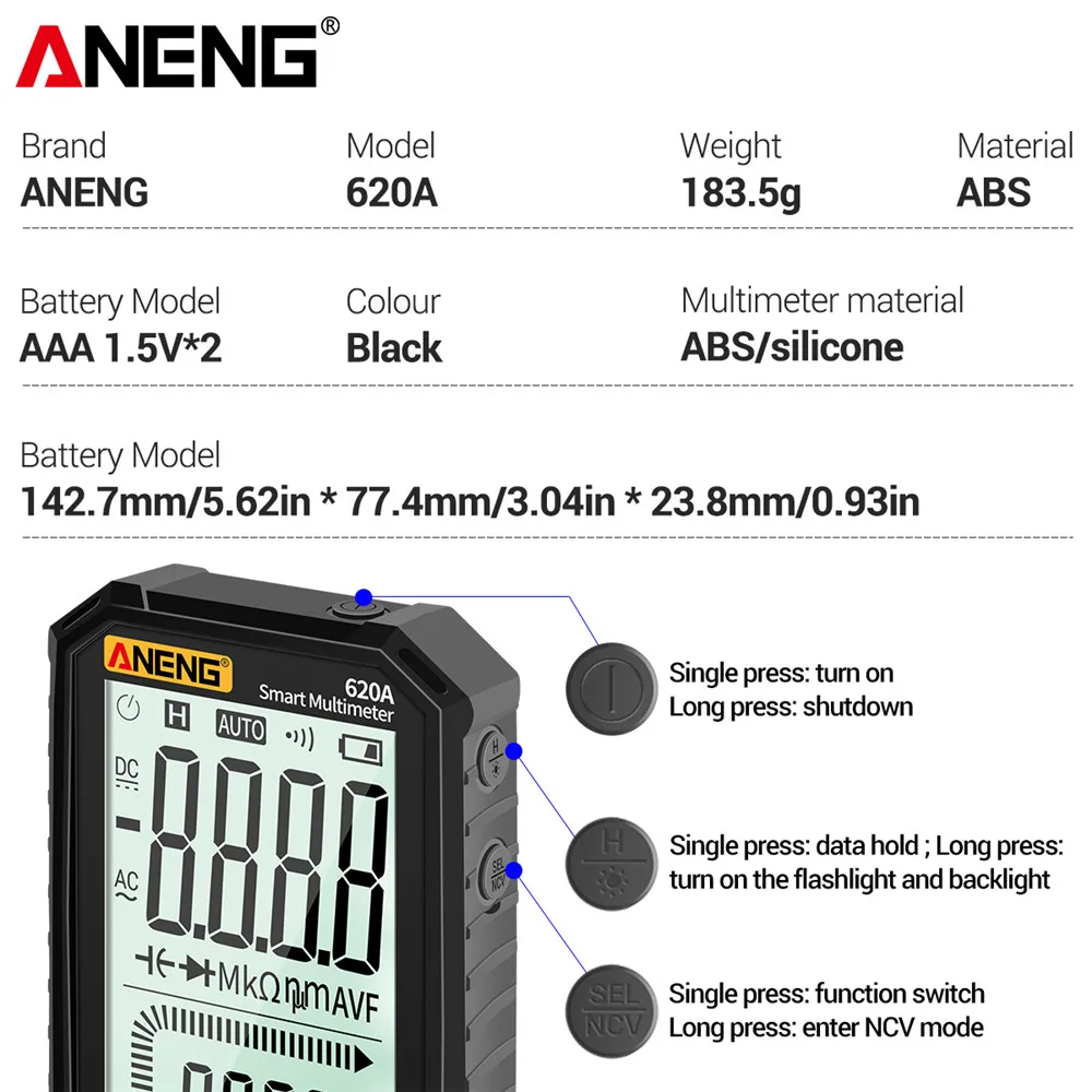 

ANENG 620A Smart Digital Multimeter Transistor Testers 6000 Counts True RMS Auto Electrical Capacitance Meter Temp Resistance