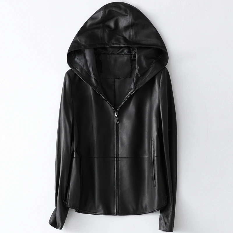 

Genuine Leather Jacket Women Spring 2021 Hooded 100% Sheepskin Coat Female Short Coats and Jackets Chaqueta Cuero Mujer Pph4075