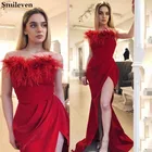 Женские вечерние платья Smileven, красные вечерние платья с перьями и разрезом по бокам, платье русалки для выпускного вечера