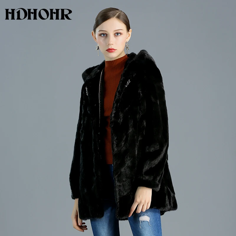 HDHOHR Высококачественная шуба из натурального меха норки Женское пальто с капюшоном из натурального меха норки теплые модные толстые куртки из меха норки зимние