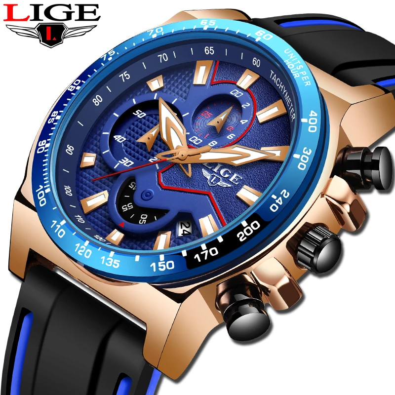 Модные часы мужские LIGE уникальный дизайн спортивные с силиконовым ремешком
