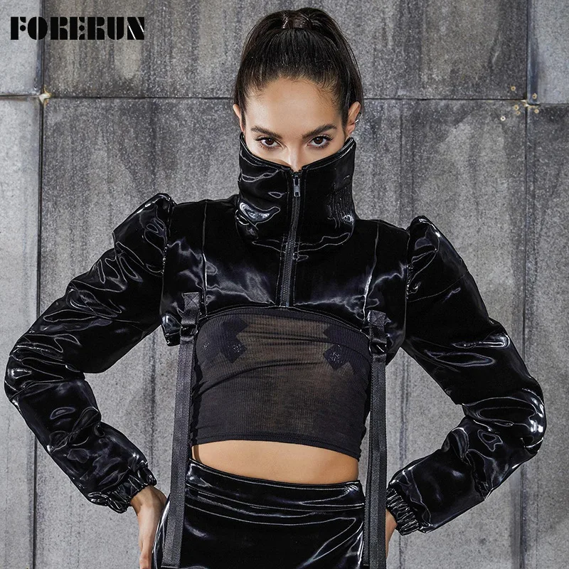 

FORERUN Cropped Puffer Jacket Women Winter Fashion Backless Stand Collar Zip Up Solid Long Sleeve Cotton Padded Bubble Coat