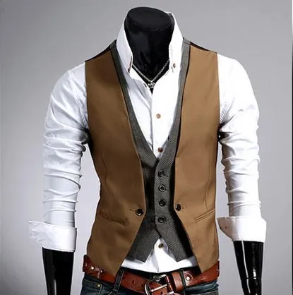 Formal Waistcoat Mens Work Sleeveless Jacket Men Slim Fit Faux Two Pieces Vests For Blazer Vest Male Black Brown |