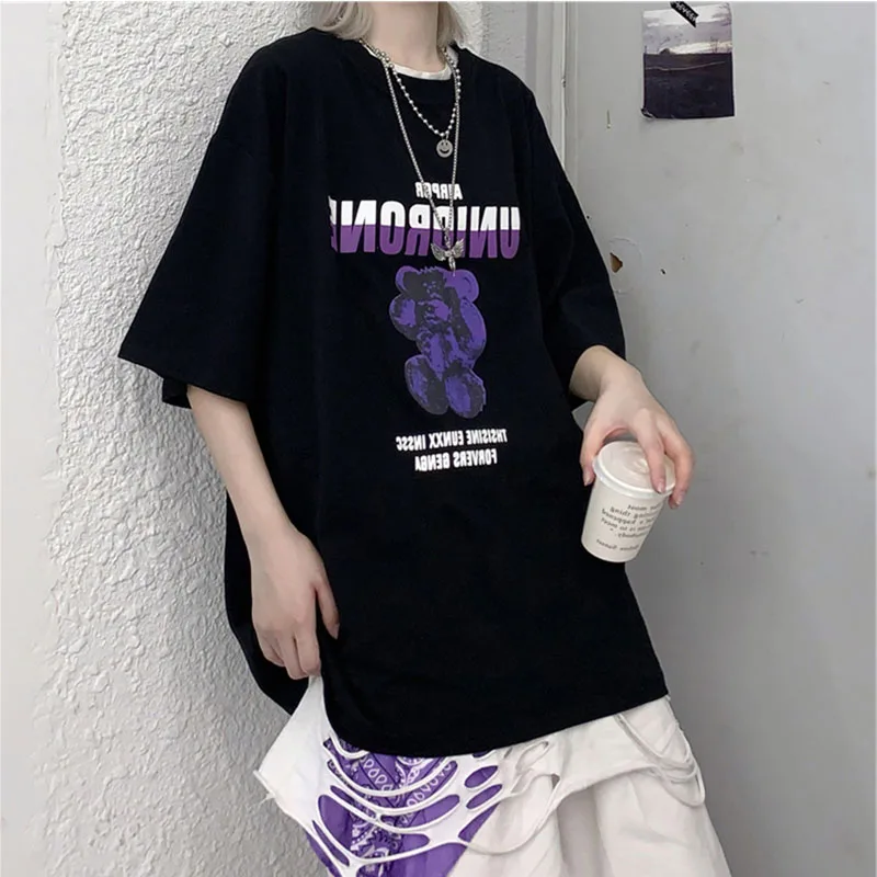 

Summer Harajuku Punk Gothic Korean Purple Letter Bear Print Chic Cotton Dark Oversized Hip Hop vintage women T-shirt