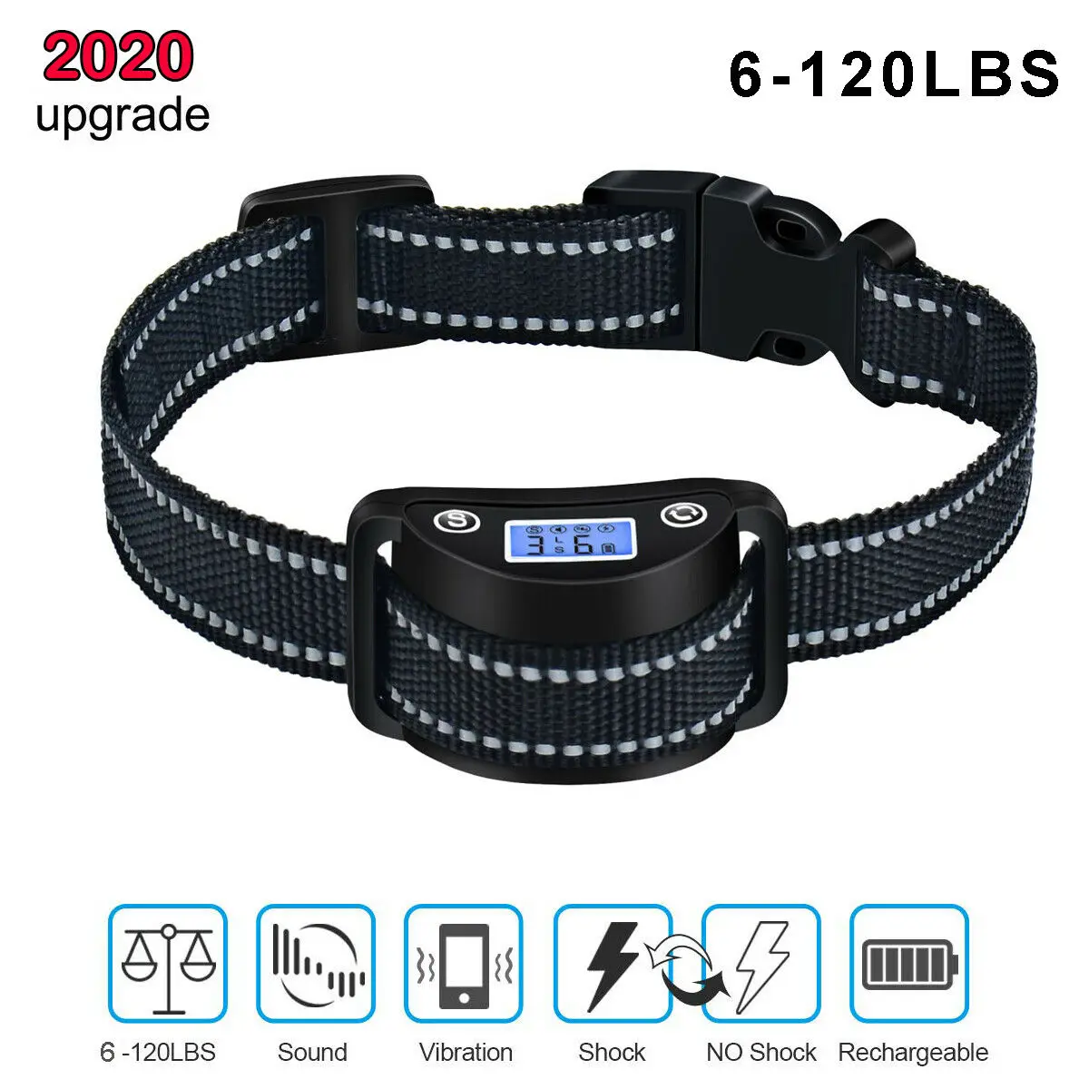 

Перезаряжаемый ошейник против лая для собак, светодиодный экран со звуковым и вибрационным током, водонепроницаемый, подходит для собак ра...