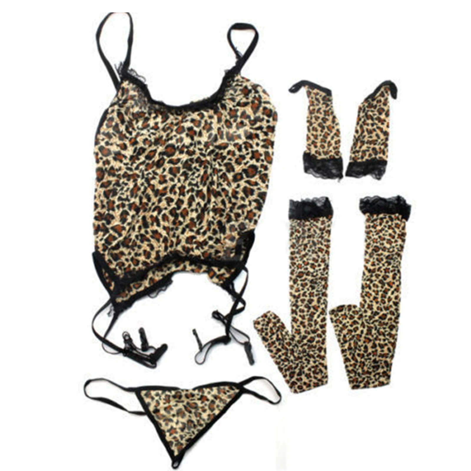 

Leopard Print Seduction Suit Suspenders Nightdress Cosplay Summer Pants Garter 6pcs Suit BMF88