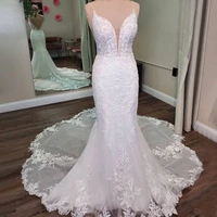 sparkly mermaid wedding dress 2021 bridal gown deep v neck flower train beading spaghetti backless long white formal plus size