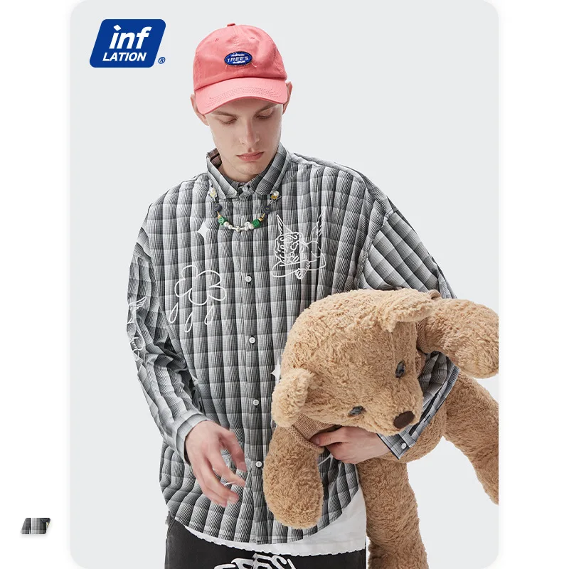 

Мужская одежда унисекс Новинка Осень-зима 2021 Мужская рубашка в клетку с трехмерным градиентом Детская рубашка с принтом и длинными рукавам...