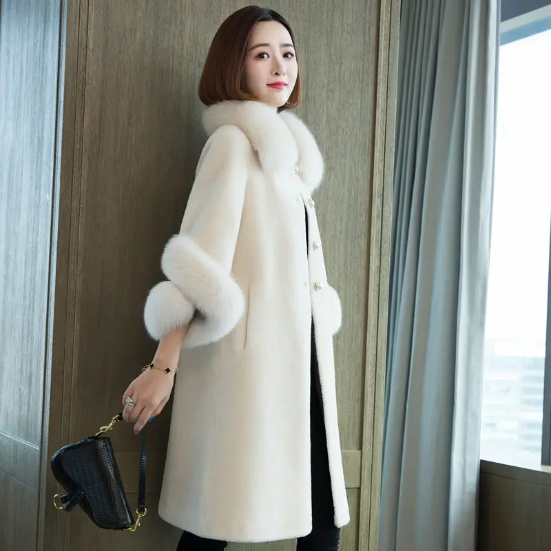 

Новинка 2020, модное женское длинное пальто из овчины с воротником из лисьего меха и длинным рукавом, повседневное стильное зимнее пальто с ка...