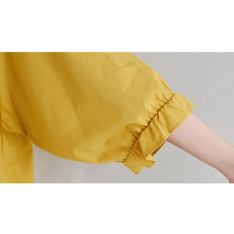 

Summer Women's Plain Korean Style Linen T Shirt Casual Half Ruffle Sleeve Tee O Neck Loose Plus Size Pocket Tops Lady T12981X