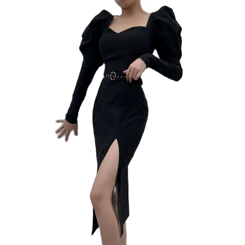 

Summer New Dress Fashion Elegant Bubble Sleeve Square Neck Waist Hollow Black Temperament Niche Long Skirt