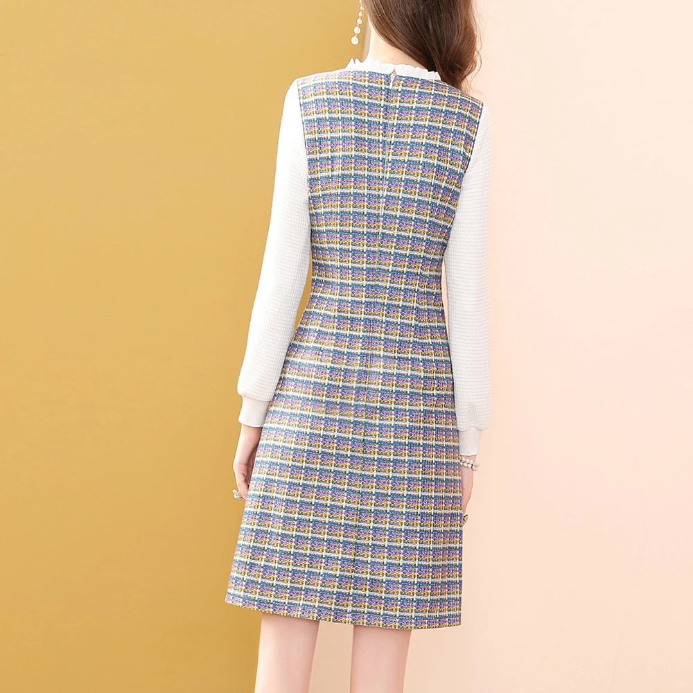 

Only Plus Colour Plaid Patchwork Wool Winter Dress White Knit Long Sleeve A-Line Dresses Pearls Chest High Waist Dress New 2021