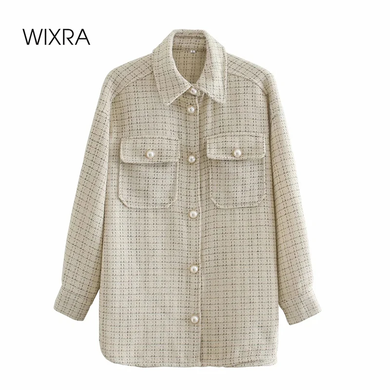 

Wixra Womens Jackets Elegant Overcoats Pearl Buttons Female Turn Down Collar Pockets Plaid Outerwears Autumn