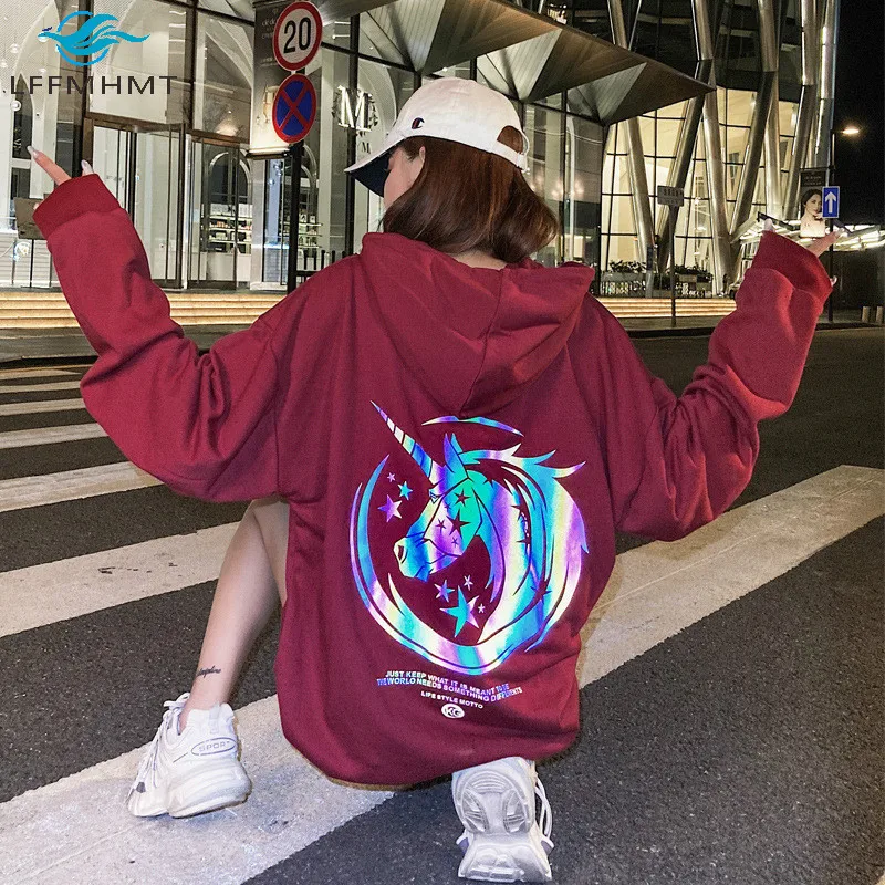 

Women Spring Fall Fashion Hooded Sweatshirt Female Luminous Unicorn Print Large Size Loose Casual Couple Streetwear Pullover Top