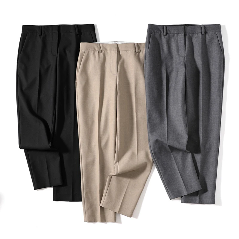 Mid Waist Ankle Pants For Women Casual Style Polyester Viscose Blended Zipper Solid Slim Pants Simple Design New Fashion
