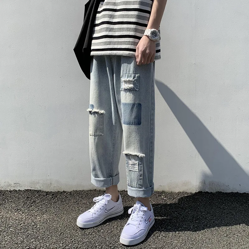 

2021 summer new fashion men's loose hole patch jeans men's casual quarter pants