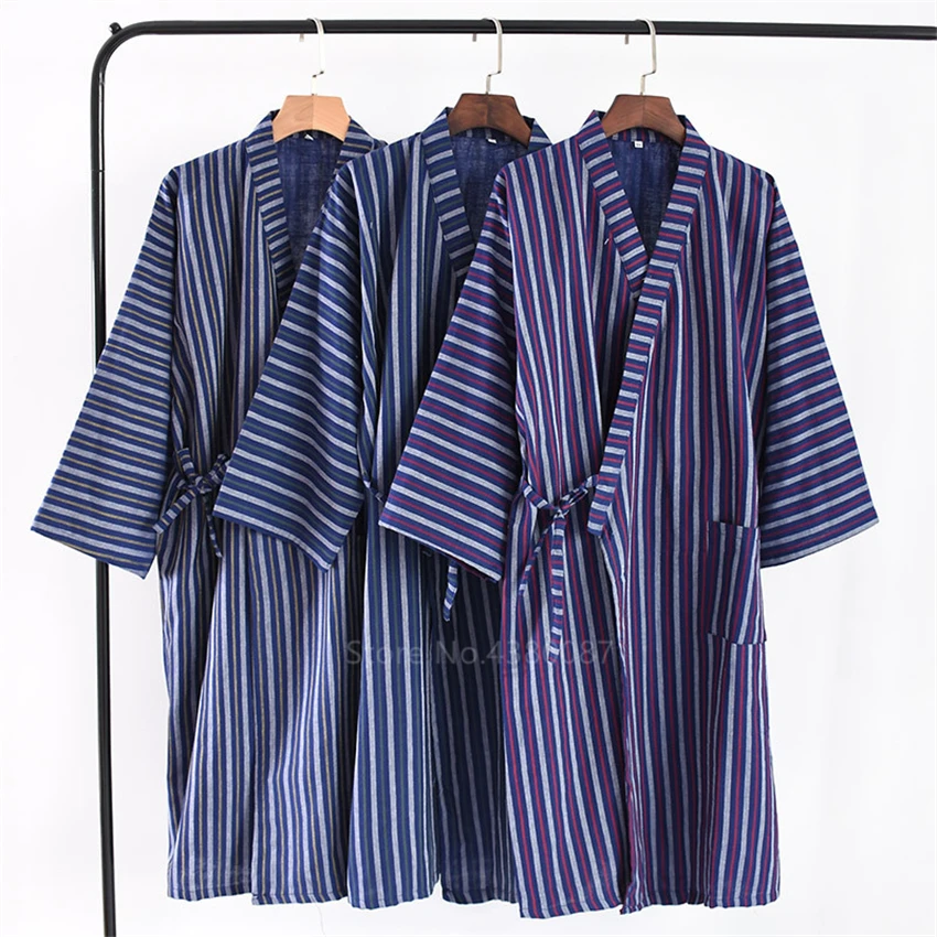 

Kimono Japanese Style Stripe Samurai Costume Yukata Pajamas Cotton Bathrobe Sleepwear Japan Men Haori Nightgown Asian Clothes