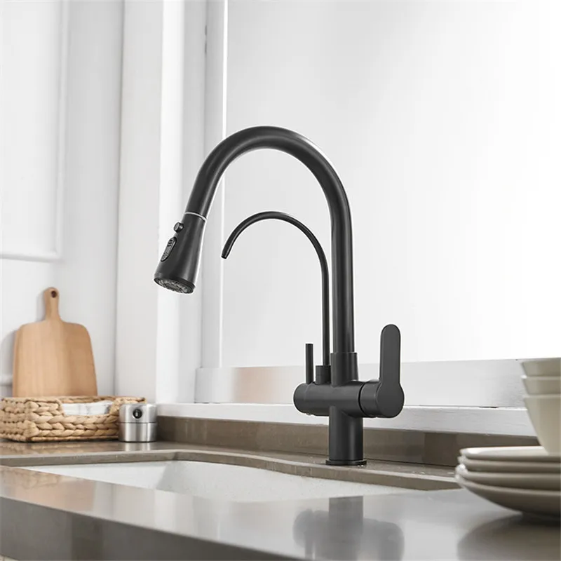 

Matte Black Filtered Crane For Kitchen Pull Out Spray 360 Rotation Water Filter Tap Three Ways Sink Mixer Kitchen Faucets