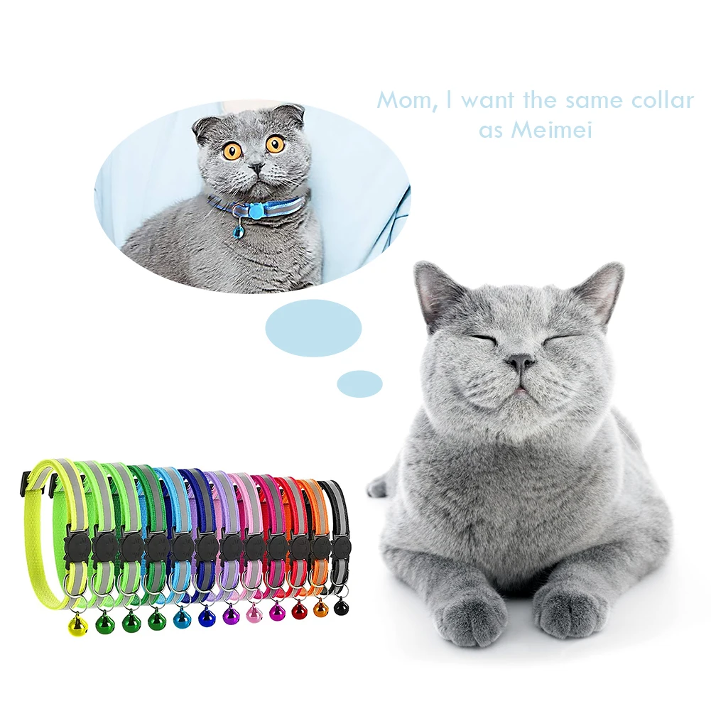 

12pcs Adjustable Pet Cat Collar Quick Release Nylon Safety Buckle Collar Reflective Bell Ring Necklace 80x80x10mm