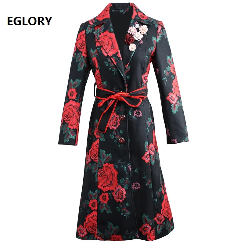 

2020 Осень Зима Мода Шерсть длинные пальто Высокое качество женское винтажное цветочное принтованное с поясом с длинным рукавом повседневно...