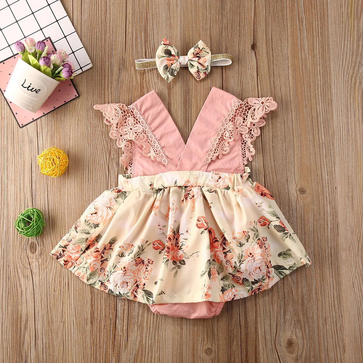 

0-24M Newborn Infant Baby Girls Romper Dress Print Floral Off Shoulder Lace Pink Princess Jumpsuits Headband 2Pcs