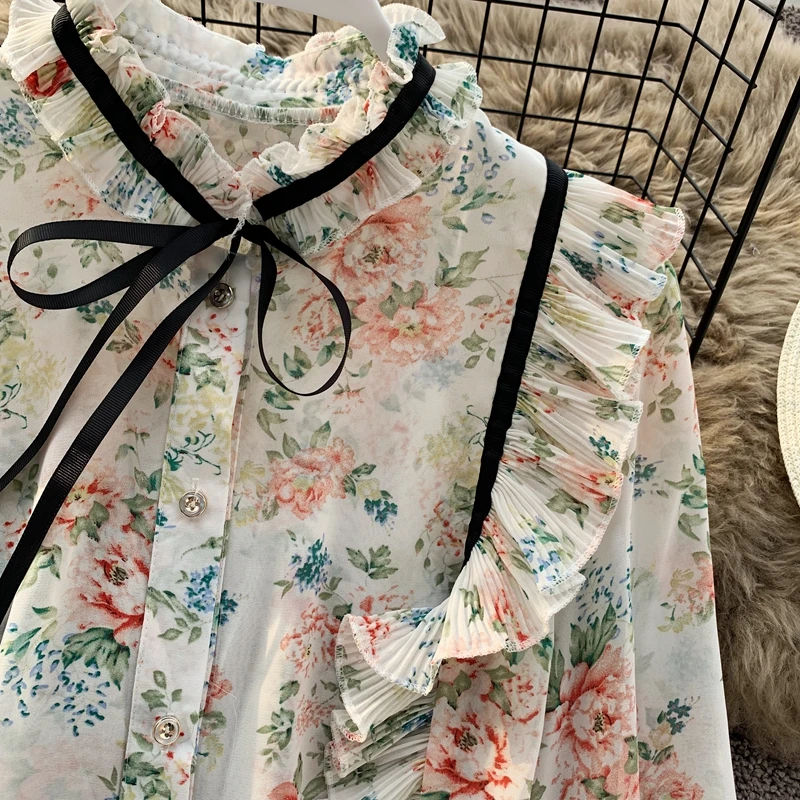 

Vintage Ditsy Floral Blouse Women Stand Collar Lace Up Ruffles Patchwork Long Sleeve Chiffon Shirt Tops Ladies Sweet T16314A