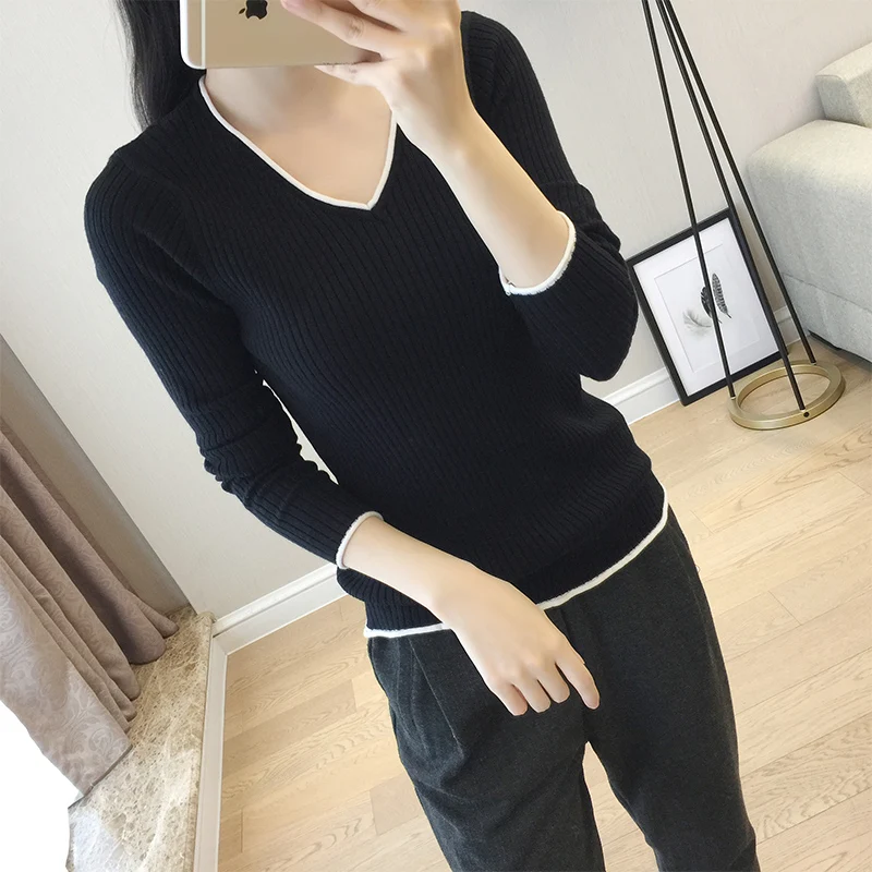 

Spring autumn thin knitted bottoming shirt ladies v-neck long-sleeved inner pullover women's shirt Slim sweater