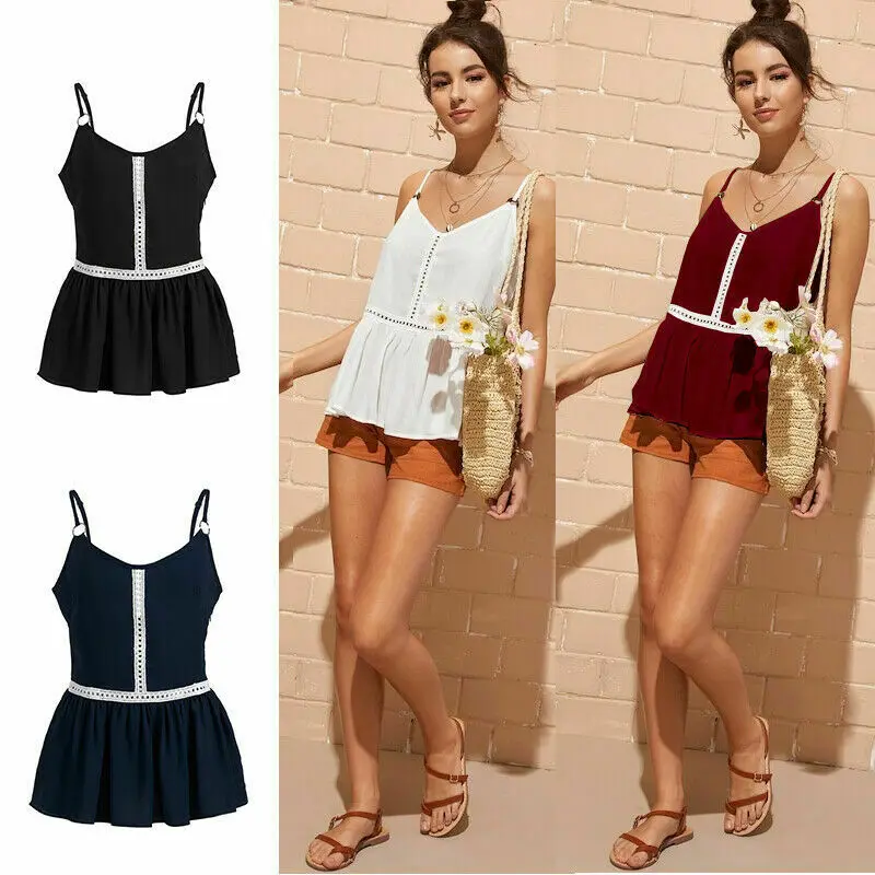 

Womens Sexy Camisole Strappy Sleeveless Ruffle Lace Stitching Blouse Vest Tops