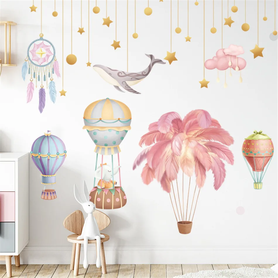 

BalleenShiny Cartoon Wall Stickers for Kids Room Baby Room Decoration Stickers Hot Air Balloon Feathers DIY Nursey Murals
