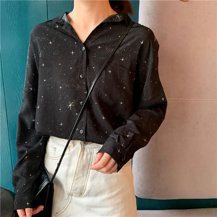 

2020 Autumn New Arrival Loose Solid Color Star Print Mid Length Shirt Long Sleeve Chiffon Shirt Female Student Free Shipping
