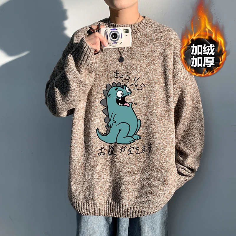 

2021winter Japanese cartoon dinosaur print junior high school student sweater male teenager plus velvet thick black sweater tide