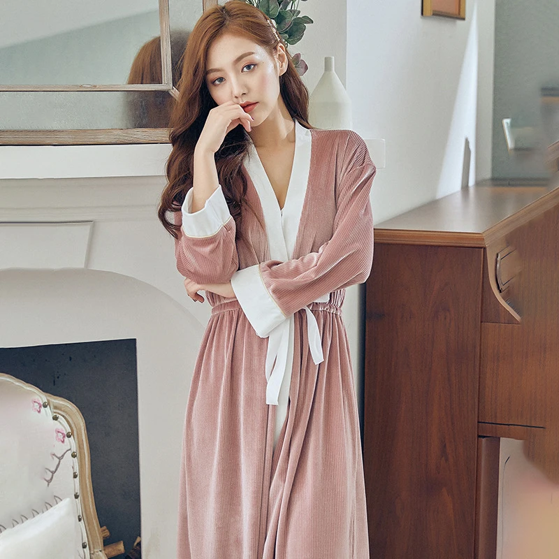 Зимние теплые золотые бархатные женские халаты 2 шт. наборы с длинным рукавом