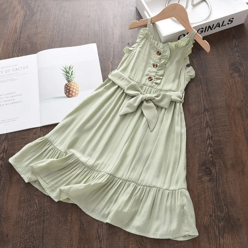 

2021 New Summer Baby Girls Elegant Dress Kids Solid Color Sling Princess Vestidos with Belt Children Button Party Clothing