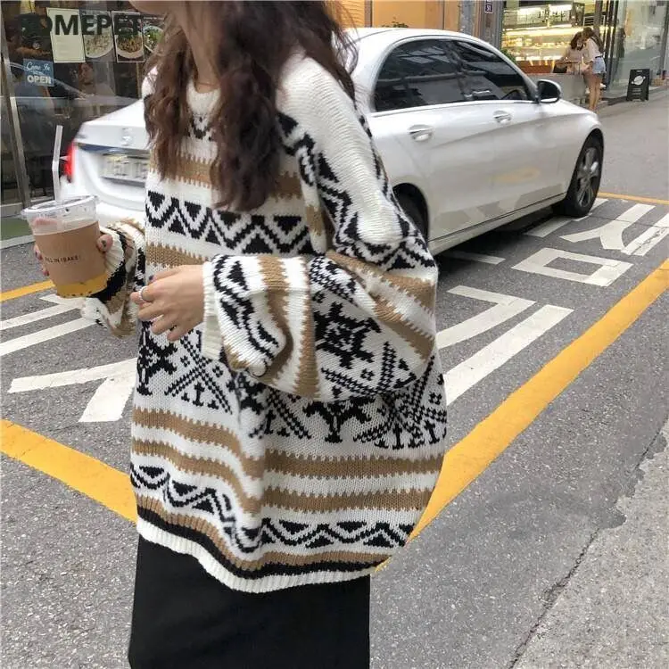 

Sweaters Womens Thicker Winter Warm College Teens Knit Sweater Women Chic Geometric Leisure Soft Ins O-Neck Basic Femme Knitwear