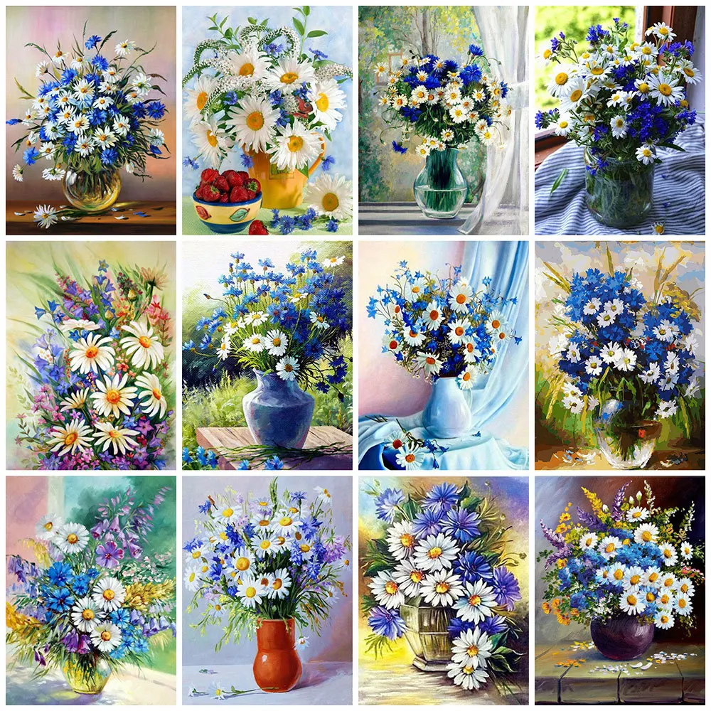 

Momoart Full Square Diamond Painting Daisy 5D Diamond Embroidery Flower Mosaic Picture Vase Rhinestone Cross Stitch Wall Decor