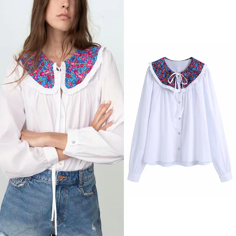 

ZA Women Shirt Tops 2021 Summer New Doll Collar Lace Bow Soft Single Breasted Solid Shirts Long Sleeve Casual Chic Tops
