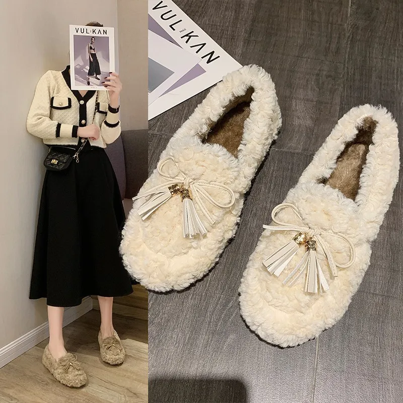 

Women Female Shoes Fringe Casual Sneaker Loafers Fur Modis Bow-Knot Dress Tassel New Winter 2021 Butterfly Fashion Basic Short P