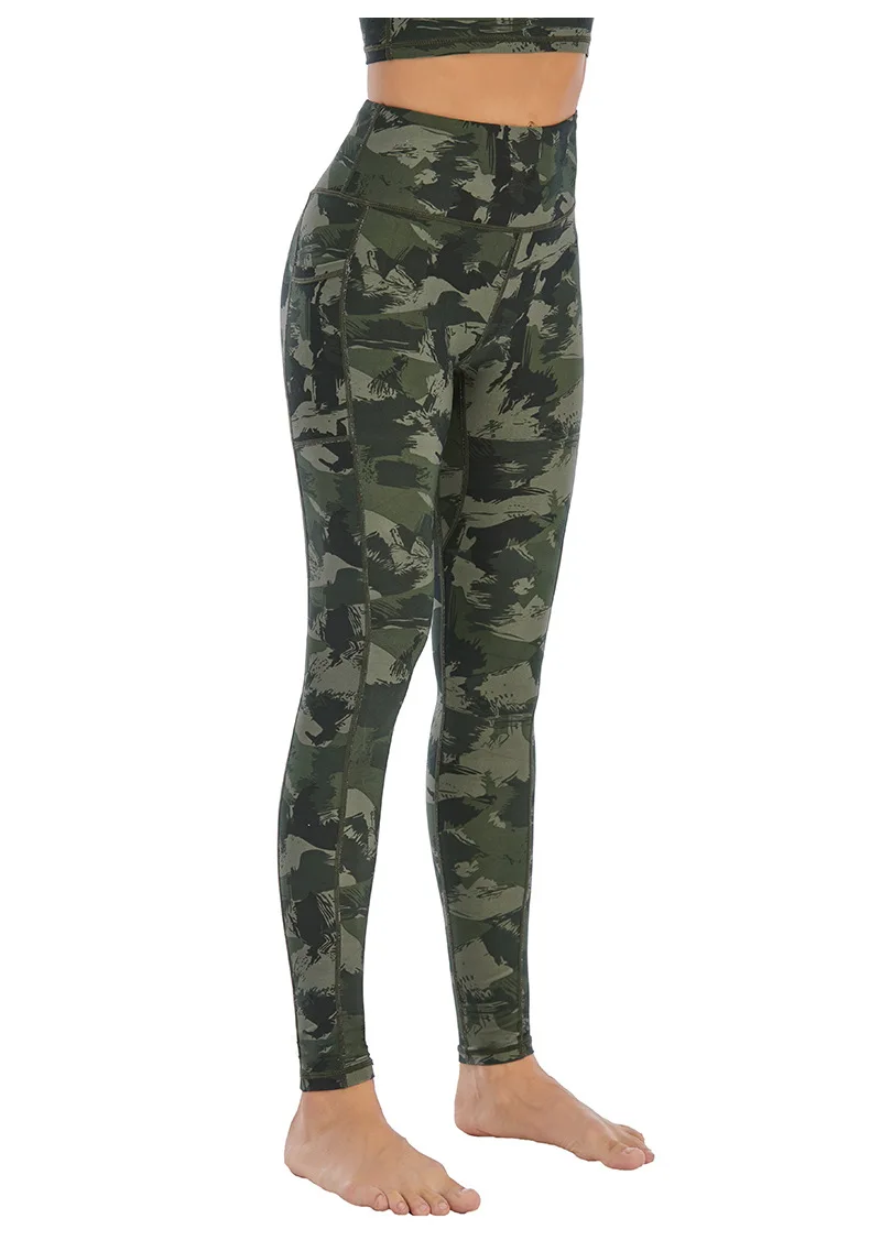 Большие размеры для женщин зеленый камуфляж yoga брюки фитнес леггинсы