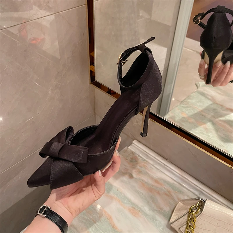 

Satin bow women's shoes summer and autumn new stiletto pointed high heels one-strap buckle sandals shallow mouth women's shoes