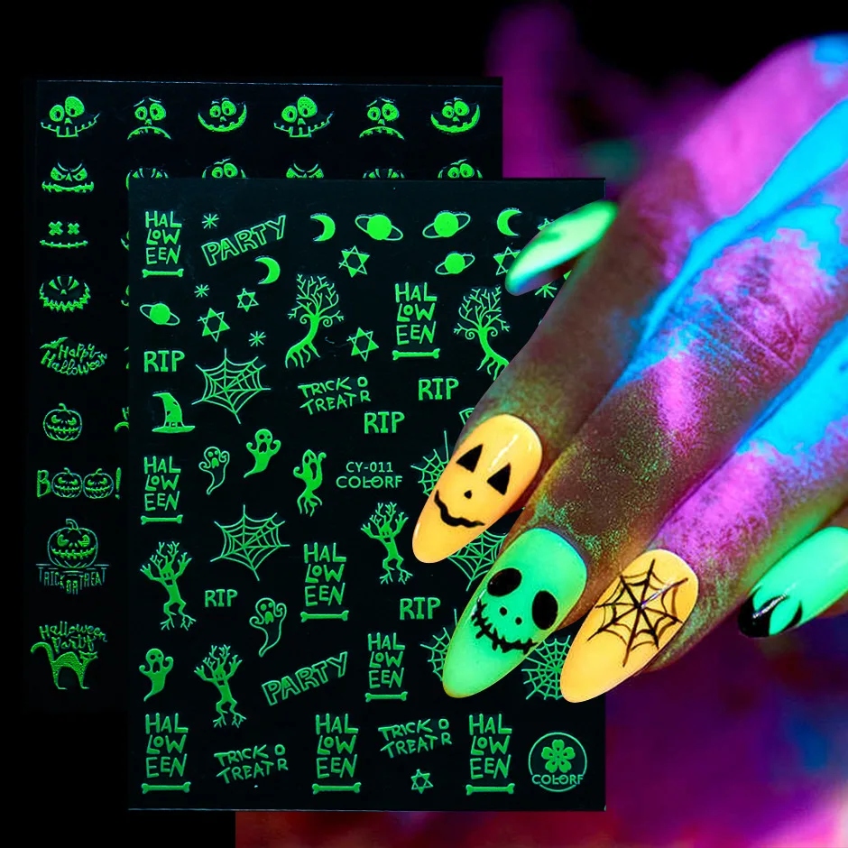 

Nail Stickers Back Glue Fluorescent Light Halloween Pumpkin Little Ghost Designs Nail Decal Decoration Tips For Beauty Salons