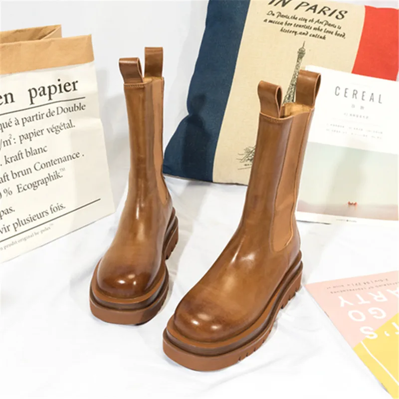 

Retro Women Chelsea Boots Thick Sole Platform Ankle Boots Brown Genuine Leather Botas Mujer Ladies Autumn Flat Boot