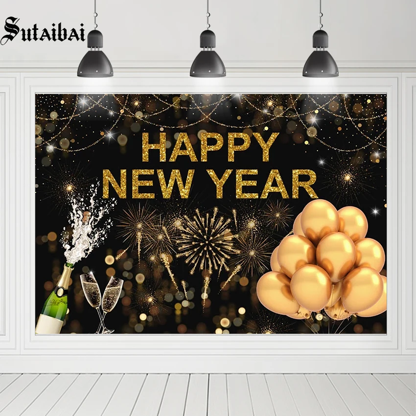 

Photography Background Champagne Balloons Fireworks 2022 Happy New Year Holiday Party Decorations Backdrop Photo Studio Props