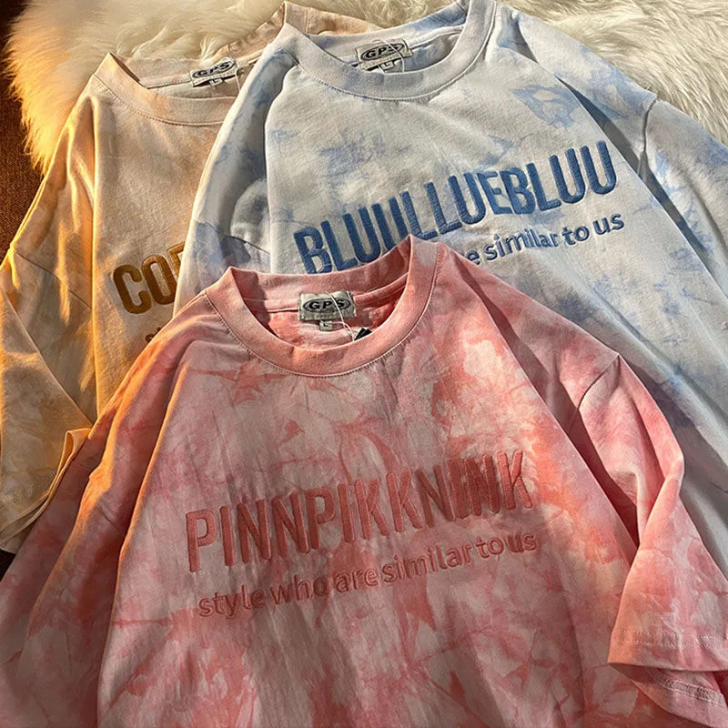 Купи Embroidery Pink Tie-dye Design Short-sleeved T-shirt Female Harajuku Summer New Retro Best T-shirt Top Fashion Oversized T-shirt за 244 рублей в магазине AliExpress