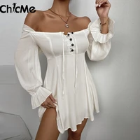 chicme autumn off shoulder button design lantern sleeve dress women sexy long sleeve a line vestidos elegant mini