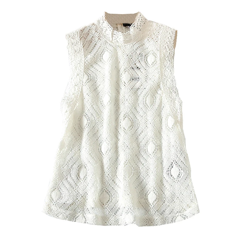 Повседневная Офисная Женская белая блузка кружевной топ без рукавов с круглым
