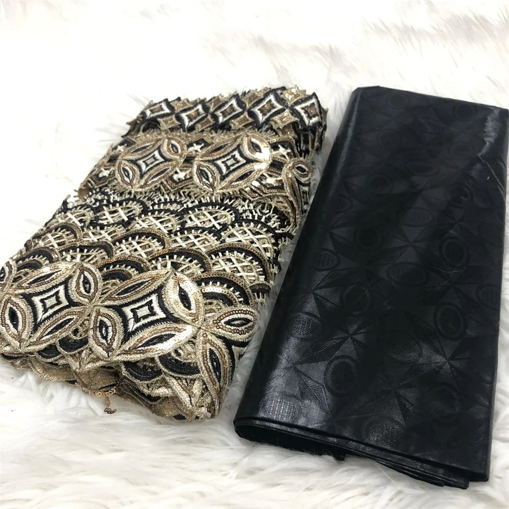 

Африканский хлопок базин богатая Ткань 5 ярдов с 15 ярдов шнур кружева соответствующие блестки гипюр кружевная ткань