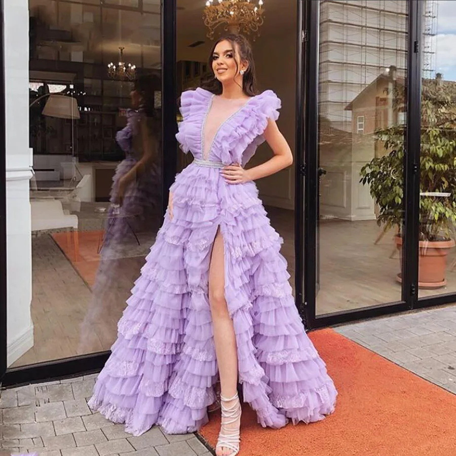 Женское вечернее платье с высоким разрезом длинное кружевное v образным вырезом