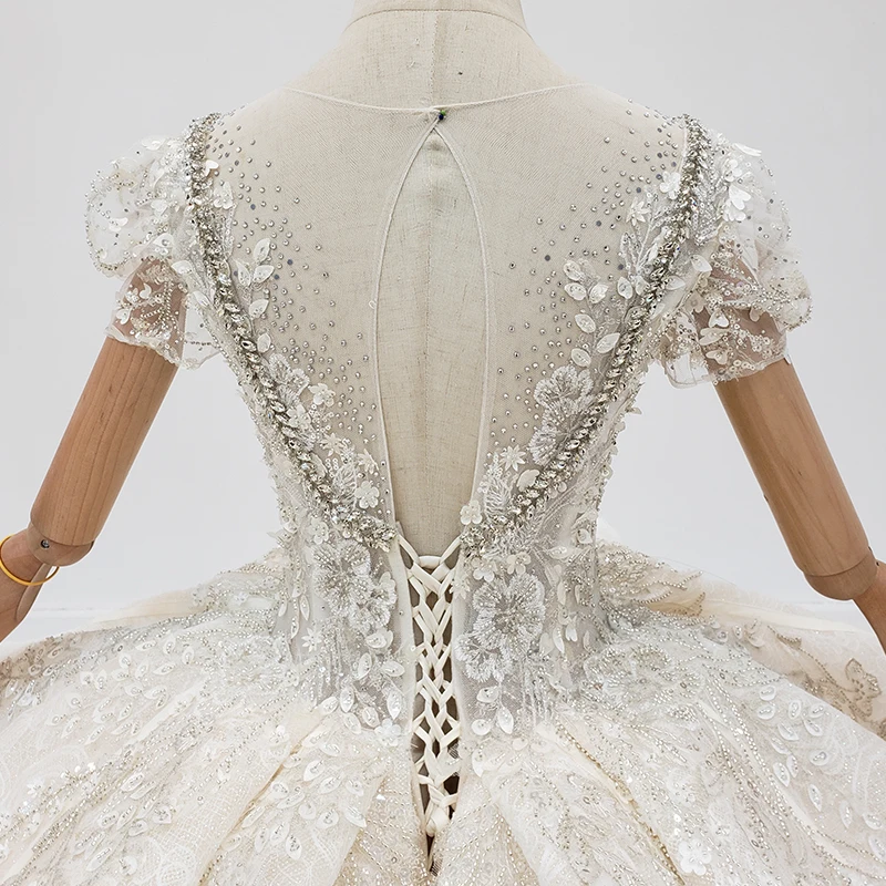 

HTL1937 Elegant Extravagant Sequin Crystal Wedding Dress 2020 Deep V-Neck Short Puff Sleeve Lace Up Back