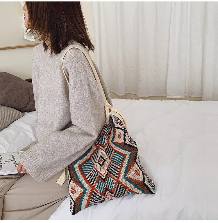 Женская вязаная сумка с короткими ручками, Женская Повседневная сумка через плечо, складная многоразовая сумка для покупок, пляжная сумка, Женская Хлопковая Сумка
